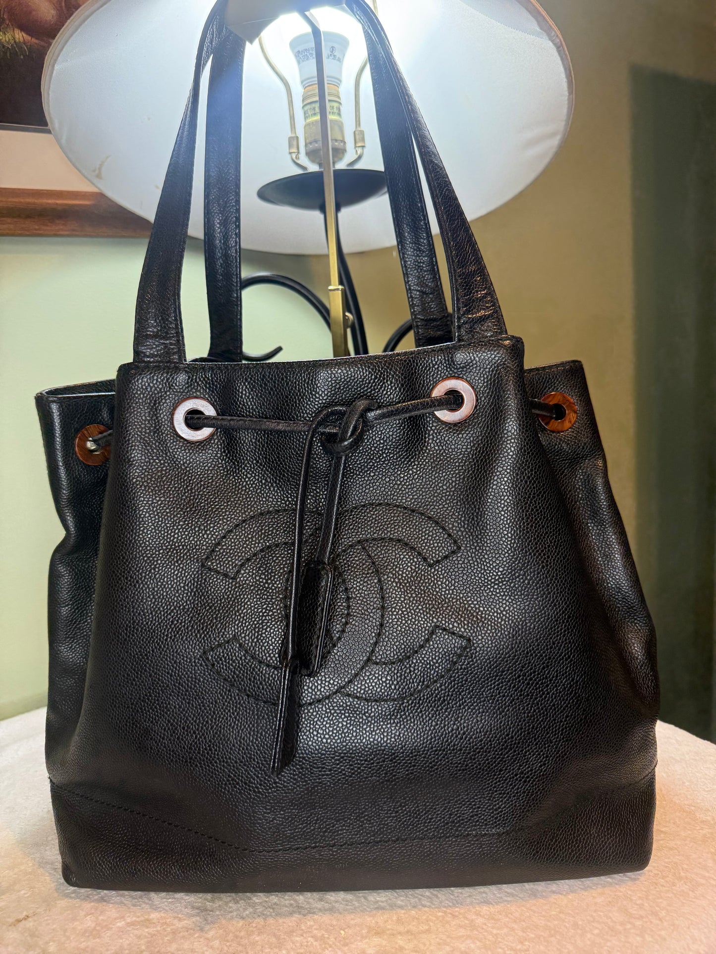 1299. Chanel Vintage Black Caviar CC Drawstring Tote Series 7 (2002-2003)