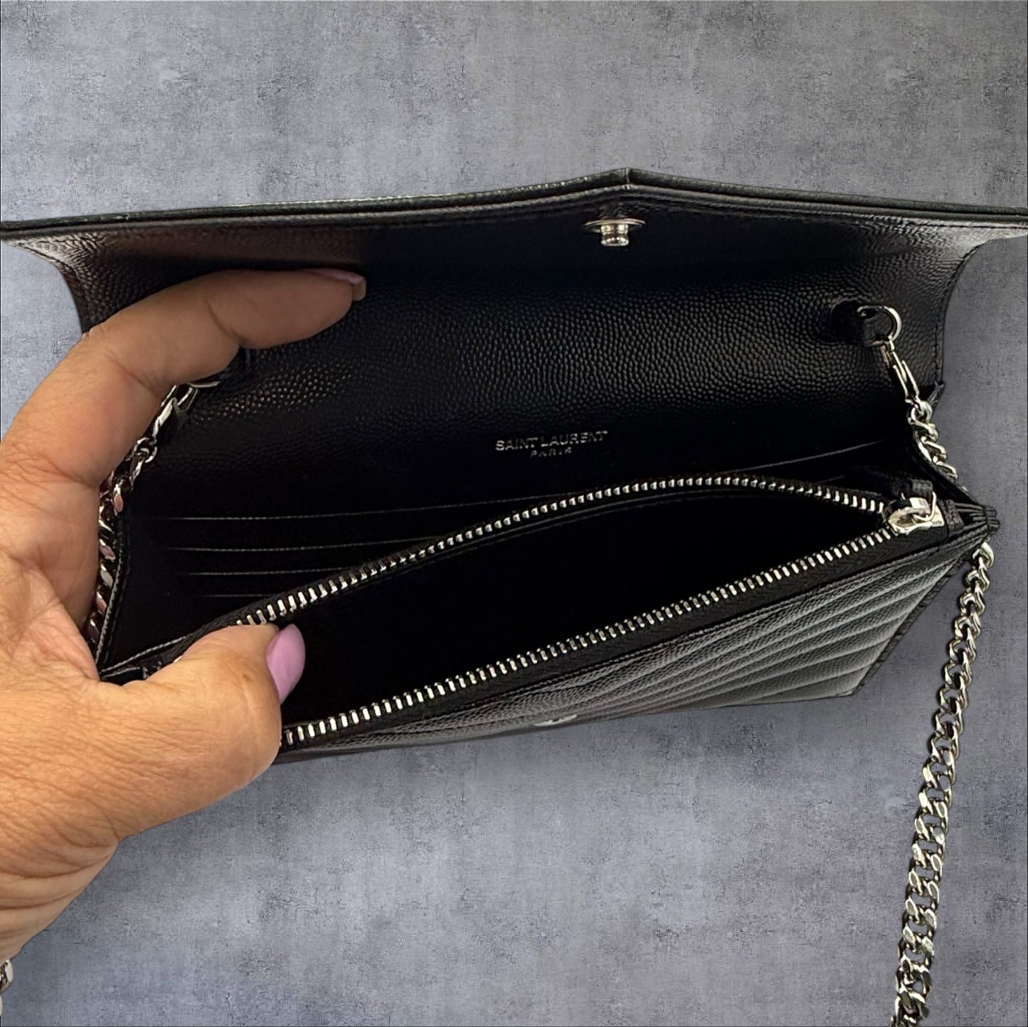 Saint Laurent YSL Black Wallet on Chain with silver logo shoulder bag