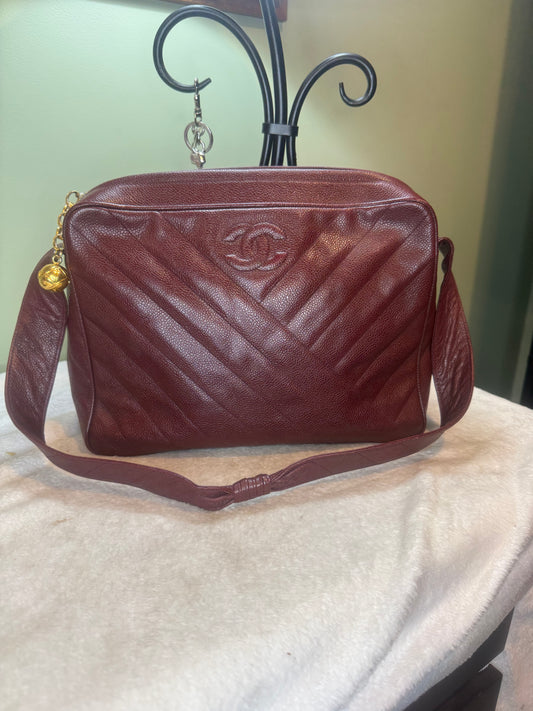1081. Chanel Vintage Burgundy Caviar Chevron Camera Bag