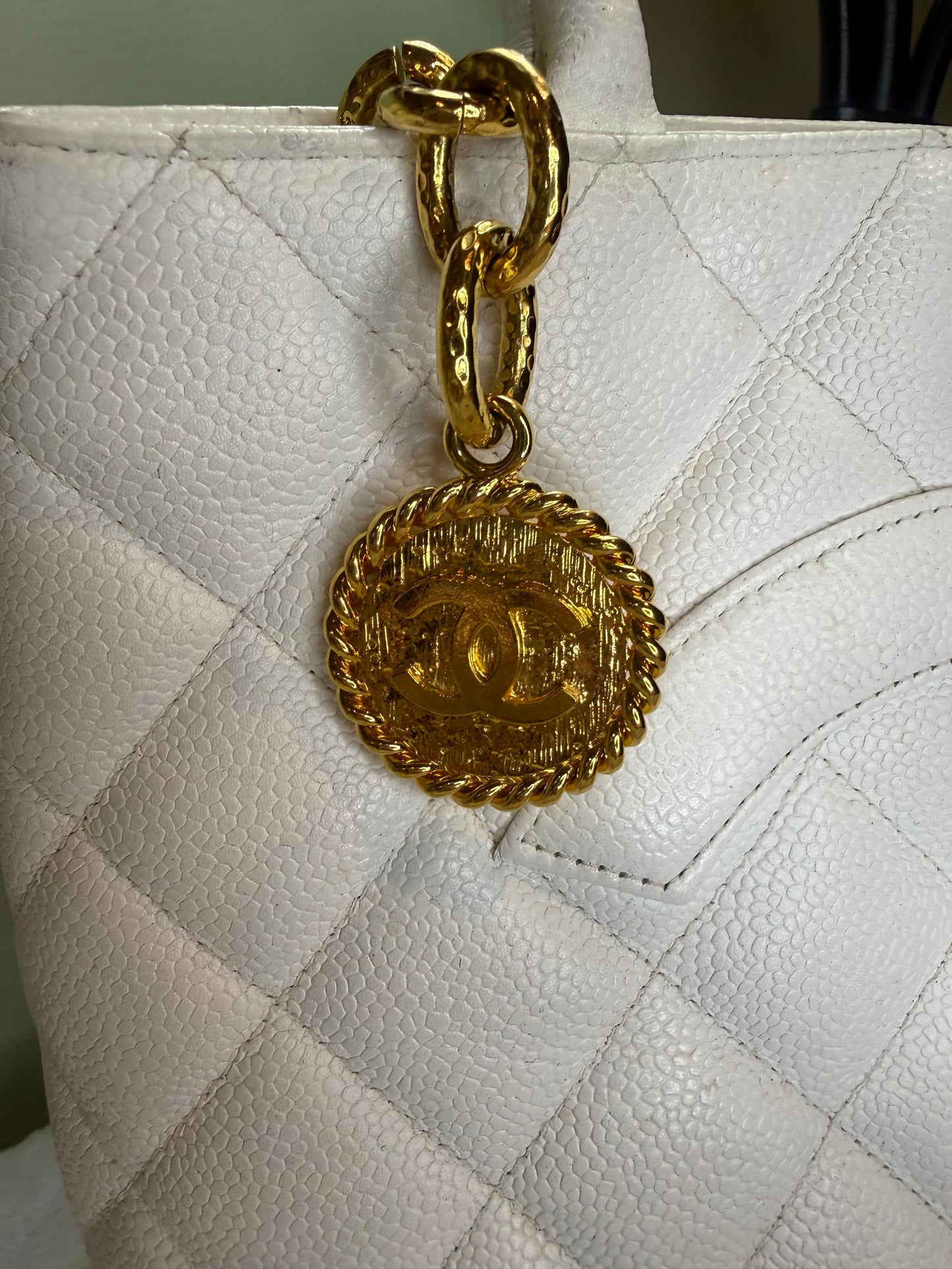 1520. Chanel White Caviar Medallion Gold Tote