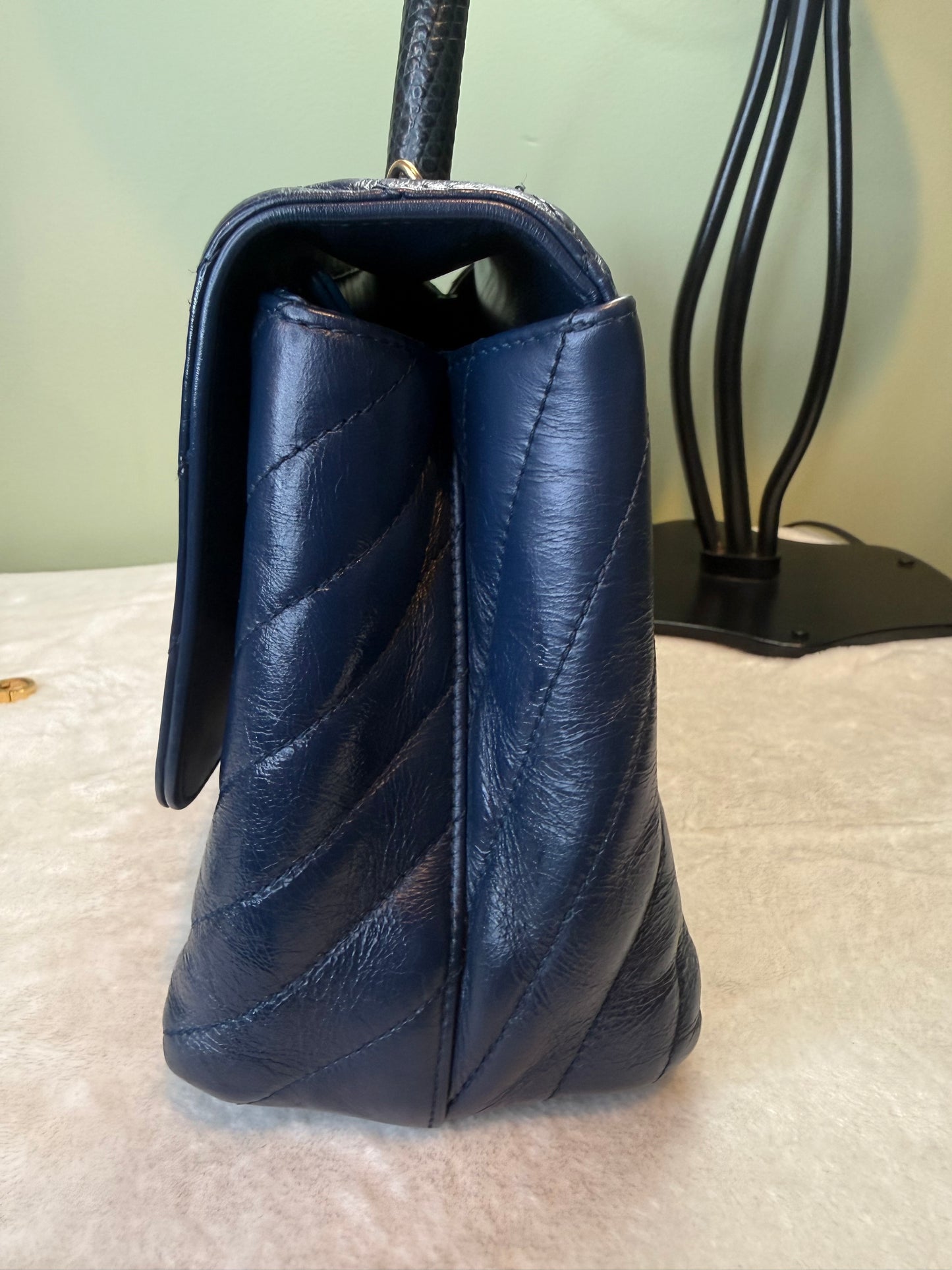 1898. Chanel Navy Crinkled Calfskin Lizard Medium Coco Top Handle Flat Bag