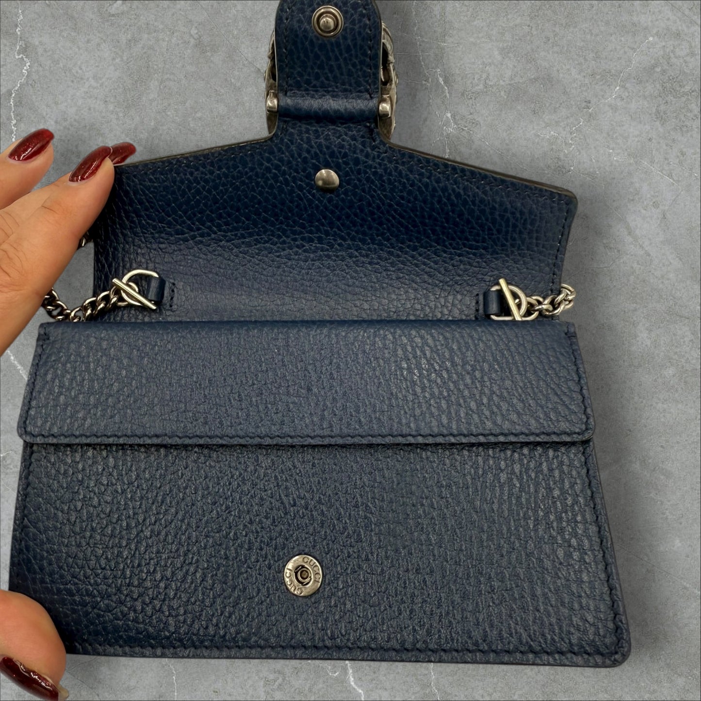 268. Gucci Navy Super Mini Leather Dionysus Chain Wallet