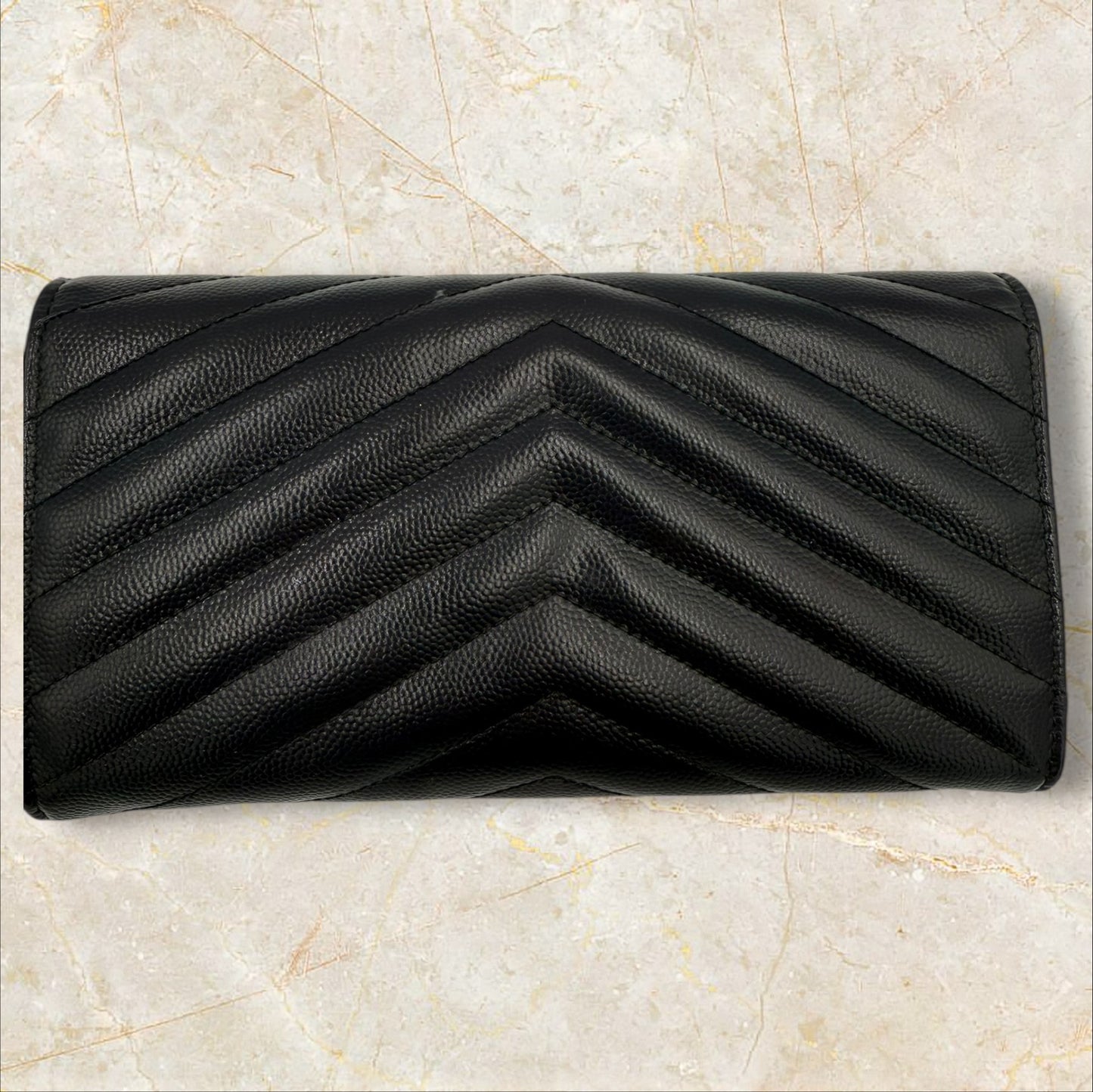 275. YSL Navy Monogram Flap Wallet in Grained Leather