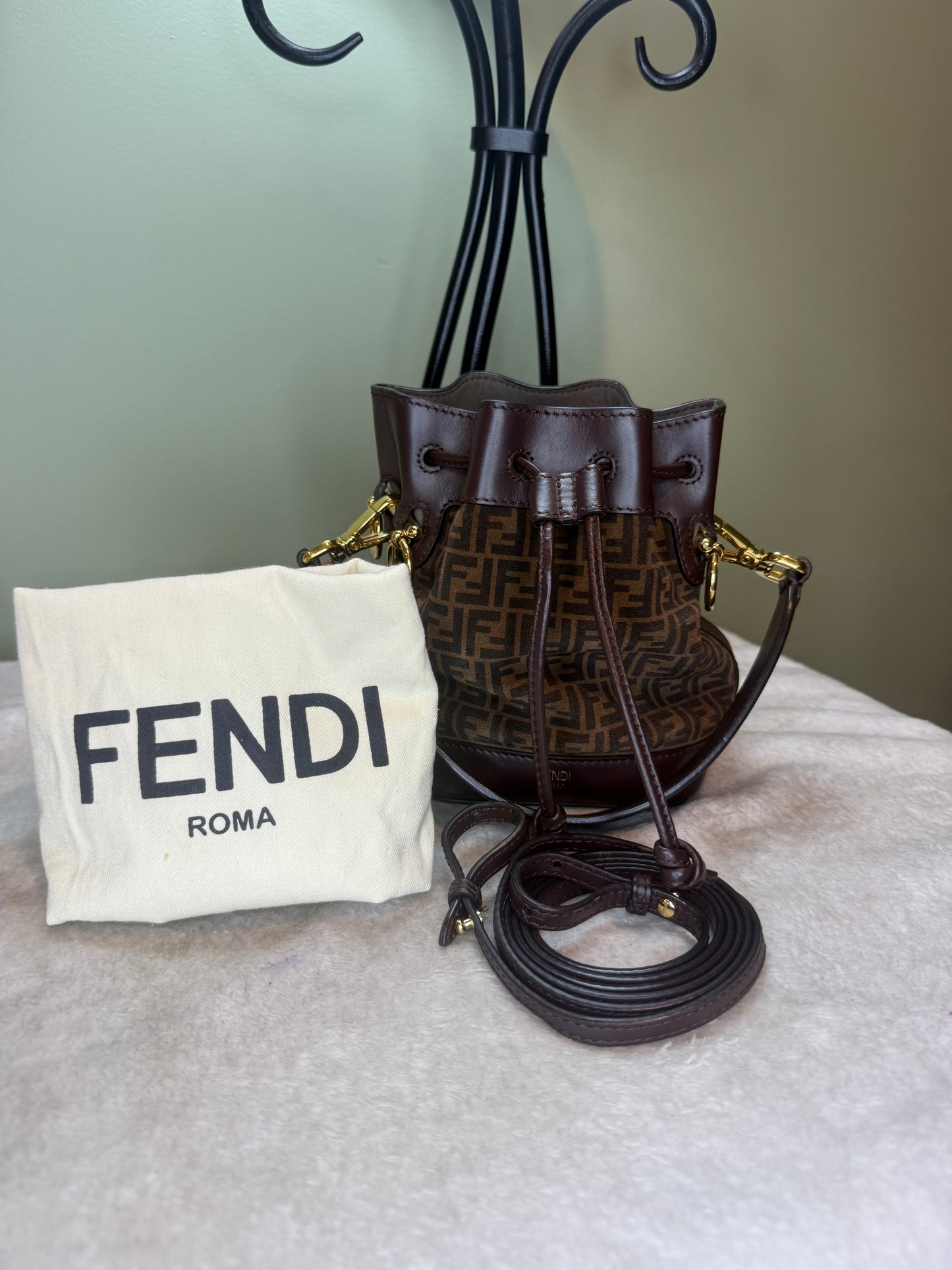 1543. Fendi Brown Suede Mon Tresor Mini Bucket Bag