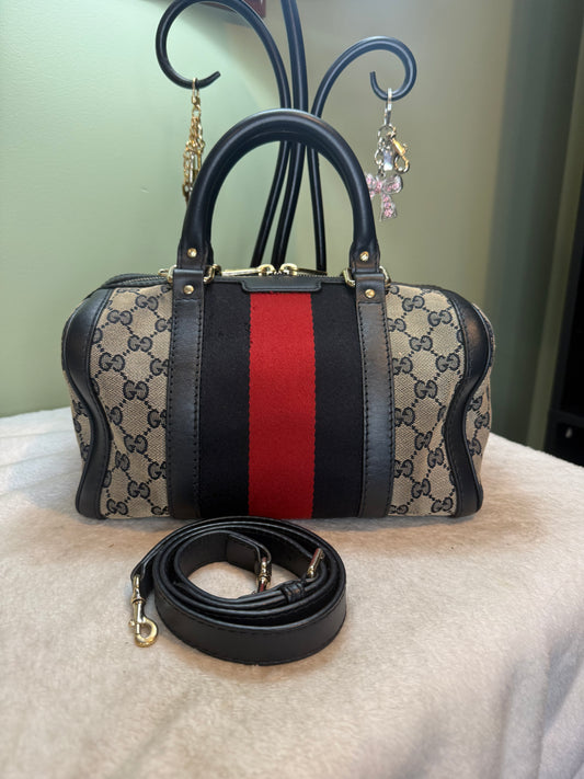 837. Gucci Monogram Vintage Ophidia Web Boston Bag