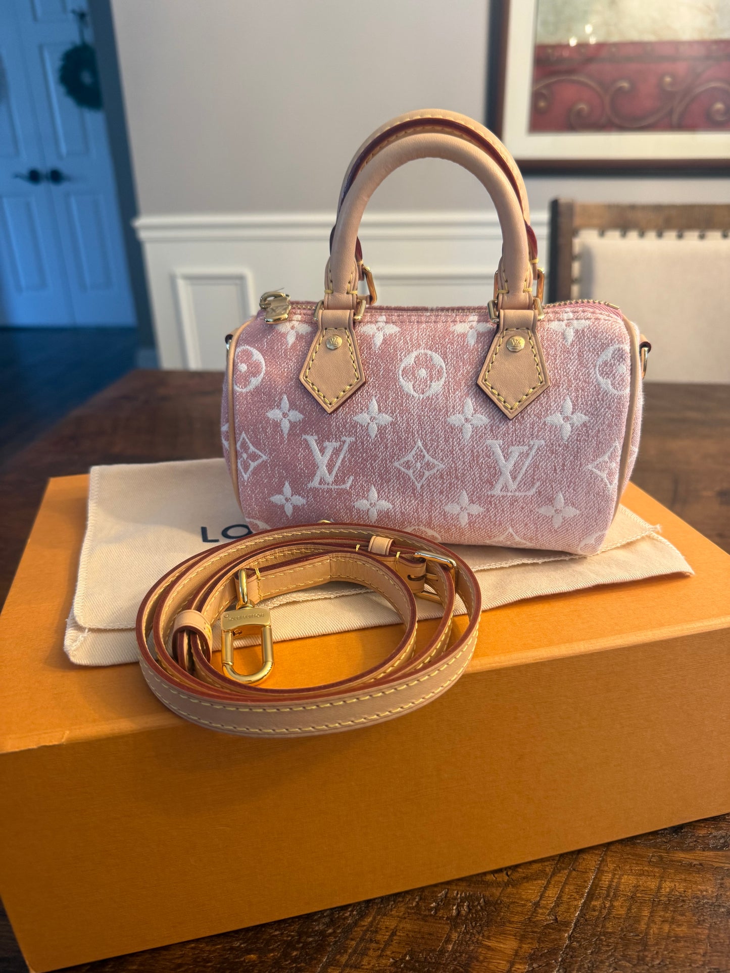 964. Louis Vuitton Pink Monogram Jacquard Denim Nano Speedy Bando