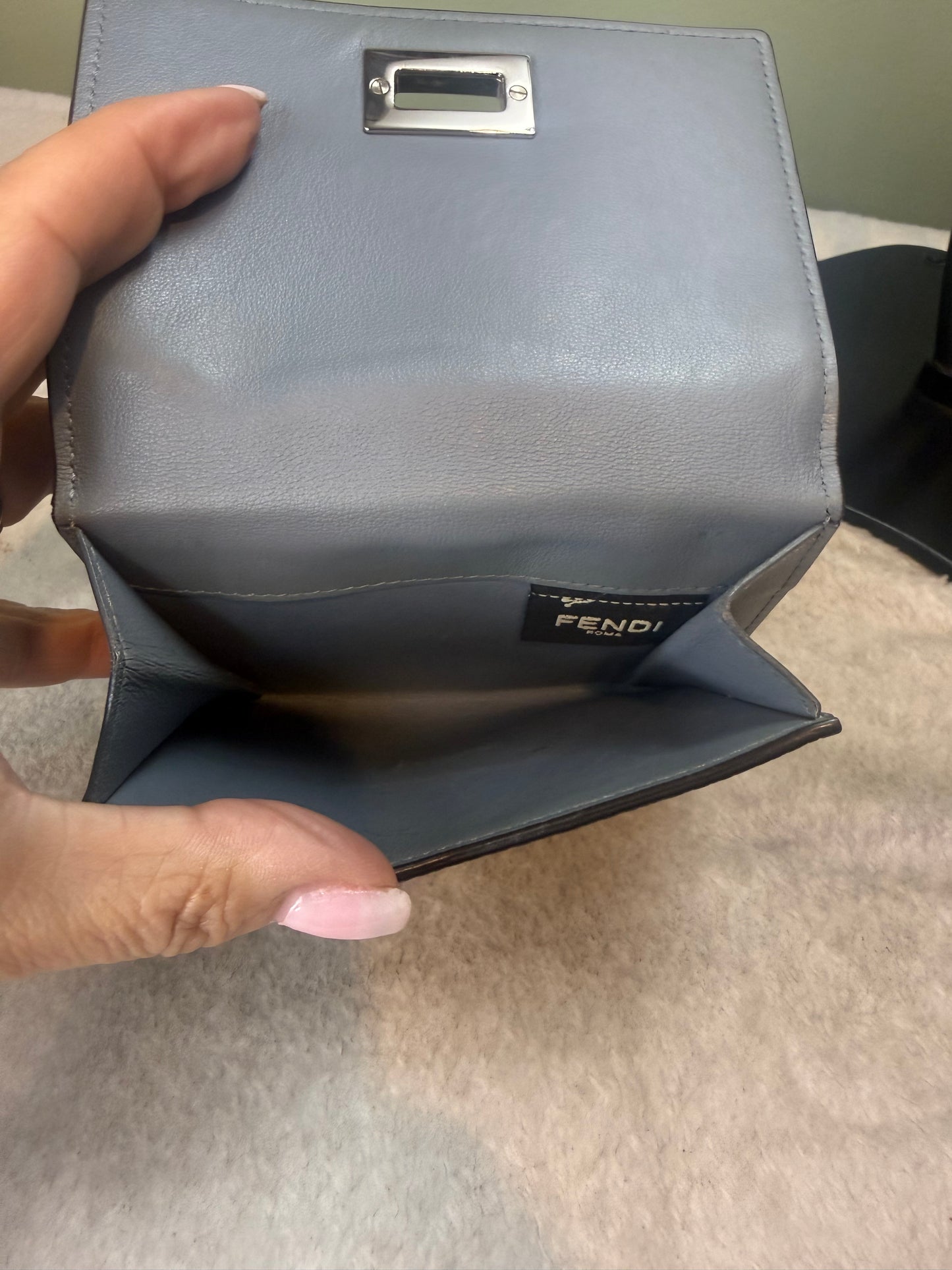 1425. Fendi Blue Pebbled Leather Compact Peekabo Wallet